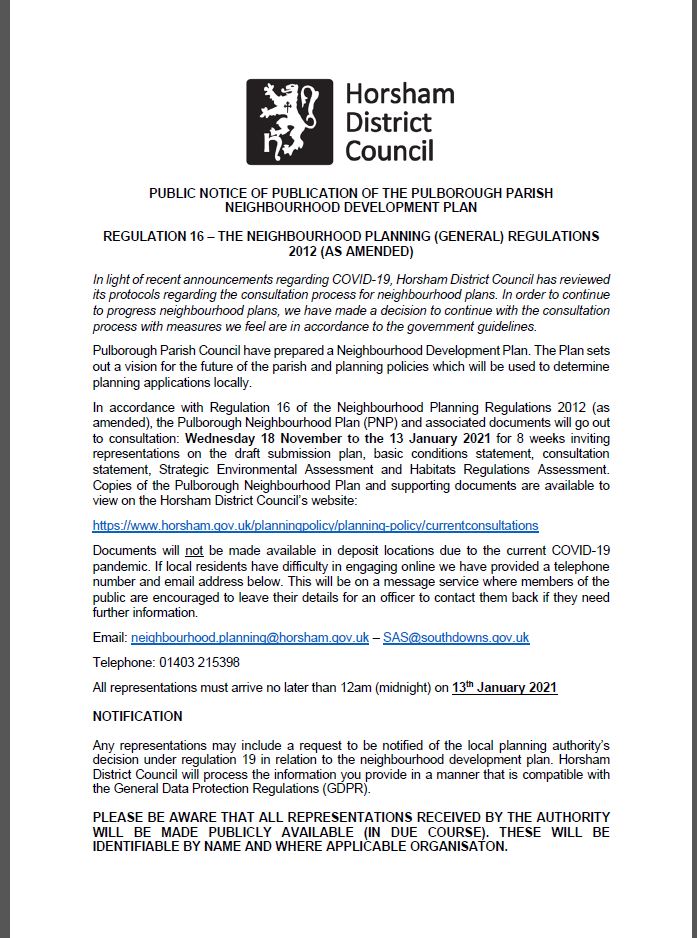 Public Notice of the Publication of the Pulborough Parish Neighbourhood Development Plan
